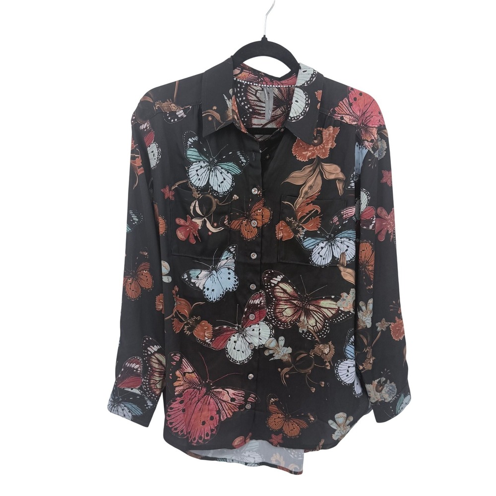 Anthropologie The Brielle Butterfly Print Button Down Blouse Black Long Sleeve S